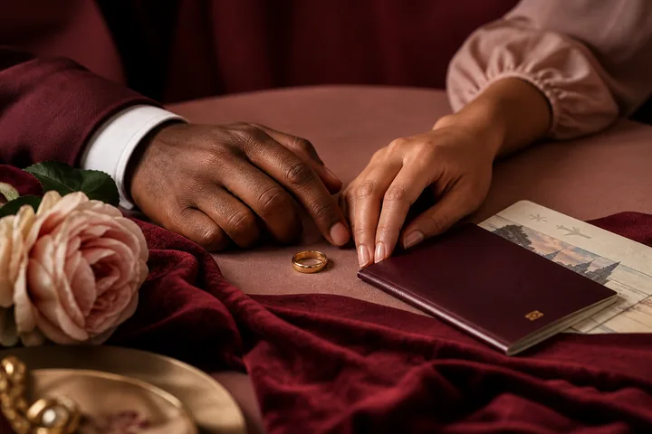 Editorial illustration accompanying: How do I decide whether a man's urgency to marry is about love or immigration status?