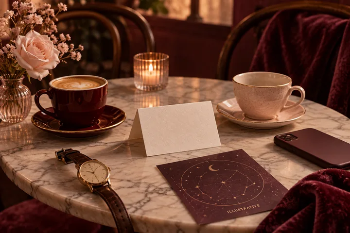A burgundy still life with flowers, a candle, a phone showing calendar and location icons, a zodiac wheel marked illustrative, two clocks, and a map with location pins.