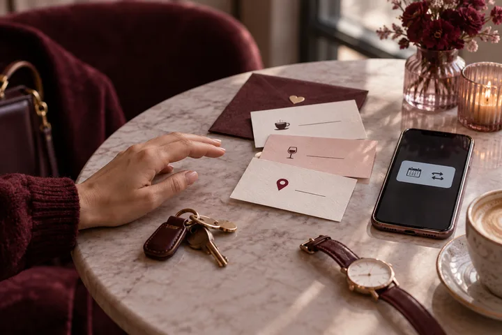 A marble table holds three crossed-out photos, a phone with location and dining icons, a red cord, flowers, a heart card, and a wine glass.