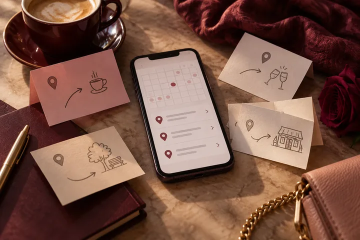 A hand rests beside a phone showing a calendar and map pin, two blank cards, a rose petal, satin fabric, a candle, and a wine glass.