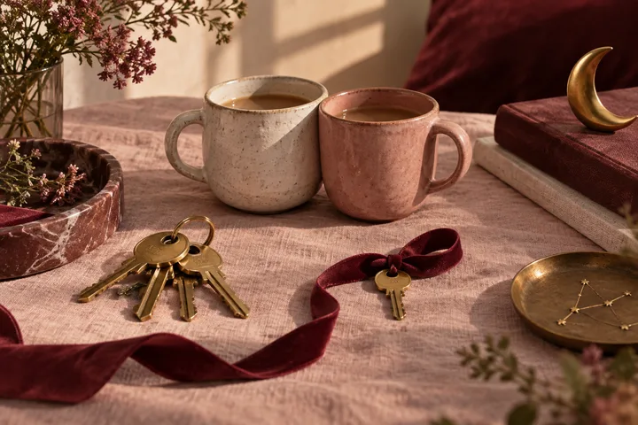 Two ceramic mugs sit beside brass keys, one tied to a burgundy ribbon. A flowering branch in a marble bowl, a closed book topped with a gold crescent, and a brass dish with a small star pattern complete the still life.