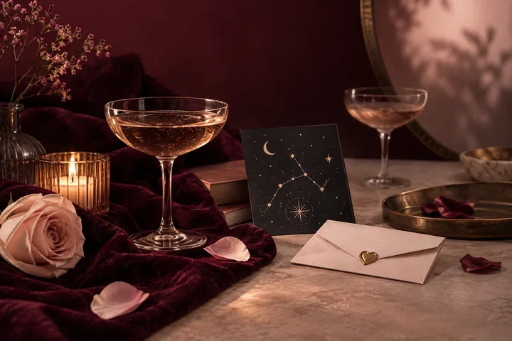Two handmade coffee cups sit beside an open book with an illustrative zodiac chart, burgundy ribbon, candle, and dried flowers on a blush-toned table.
