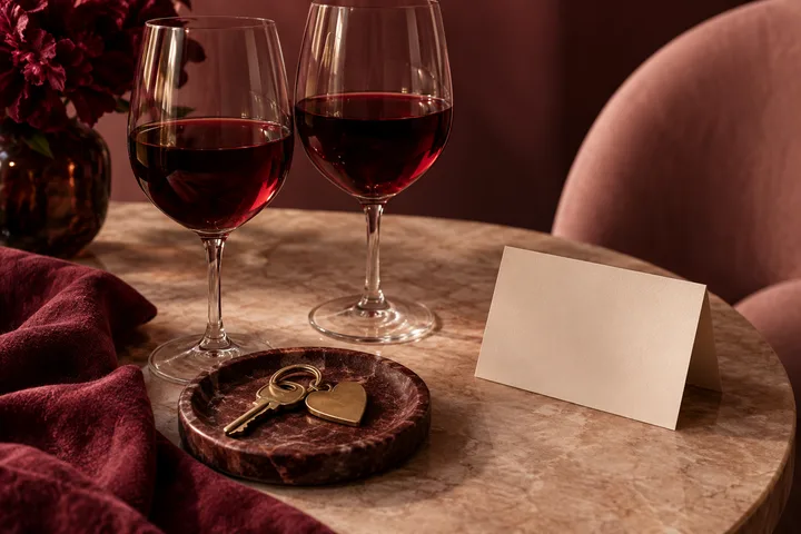 Two wine glasses, two keys, an empty card, and two chairs share a burgundy-toned dinner table, suggesting a choice about access and commitment.