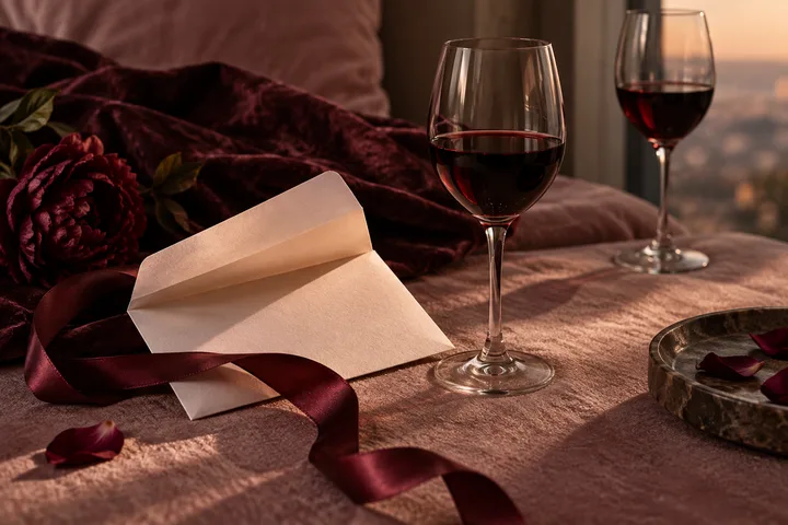 Two wine glasses sit on a blush tablecloth with a burgundy ribbon, candle, flowers, and an open notebook in the background.