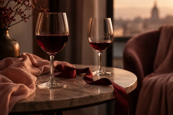 Two wine glasses and a burgundy ribbon sit beside a blank card, flowers, books, and a candle in a warm room with a city view.