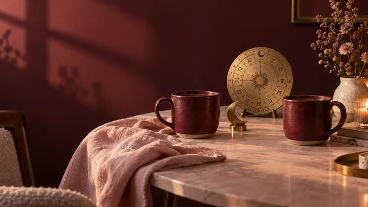 Two burgundy cups sit apart on a blush linen-covered table beside a brass moon and an illustrative astrology wheel in a warm dusky room.