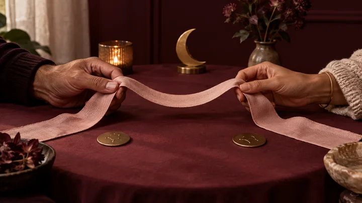 Two people hold opposite ends of a blush ribbon in an even bridge across a burgundy table, with a brass moon and small constellation tokens behind them.