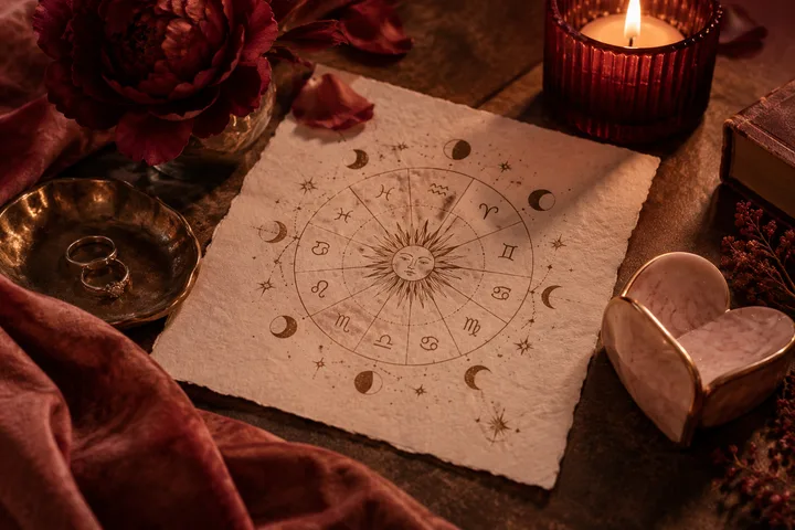 A circular chart with zodiac symbols and moon phases lies on parchment beside two rings, a lit candle, a burgundy flower, and an open heart-shaped box.