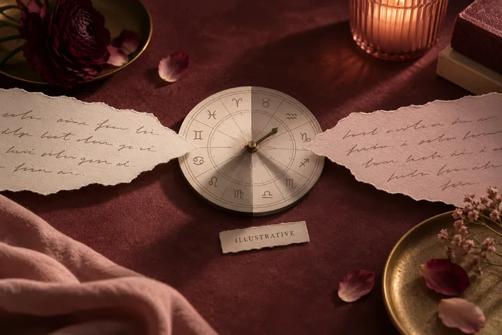 A circular zodiac wheel sits between two torn handwritten notes on burgundy fabric, with flowers and a candle nearby.