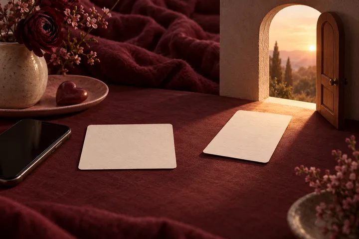 Two blank cards lie on burgundy fabric beside a phone, a small heart ornament, flowers, and an open doorway glowing with sunset light.