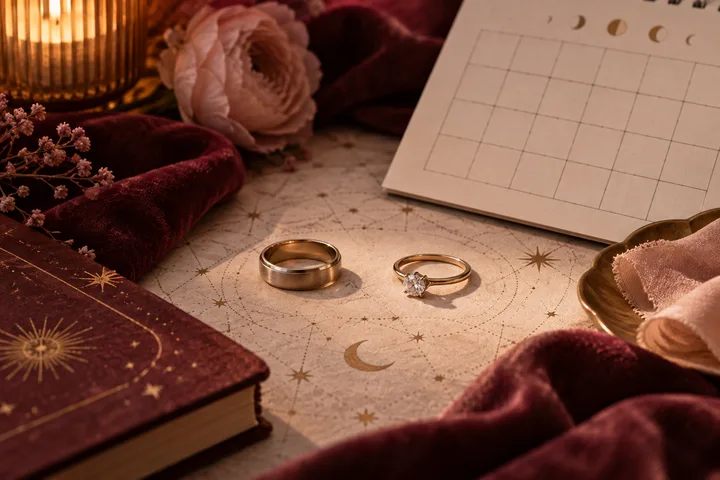 Two rings rest on a star-and-moon patterned surface beside a calendar, burgundy book, pink flower, and lit candle.