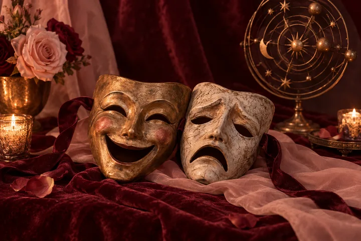 A smiling gold mask and a frowning pale mask rest on burgundy and pink fabric beside roses, candles, and a decorative celestial sphere.