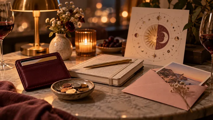 A warm burgundy and blush tabletop still life with a leather wallet, coins, a blank notebook, a travel keepsake, and an illustrative astrological chart, evoking different money values in a dating relationship.