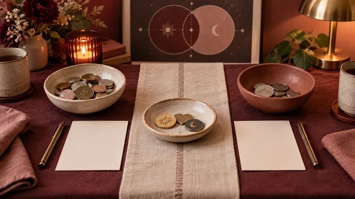 A burgundy and blush tabletop arrangement with two different bowls of coins separated by linen and joined by a shared bowl, illustrating separate spending styles, reciprocity, and fair financial boundaries.