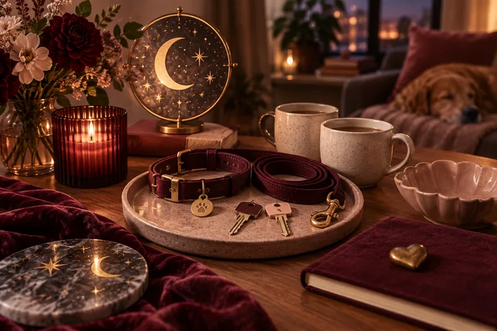 Warm burgundy-and-blush editorial still life with a dog's collar and leash, two house keys, a resting dog, and an illustrative moon-and-stars motif suggesting boundaries between a new relationship and an ex-shared pet responsibility.