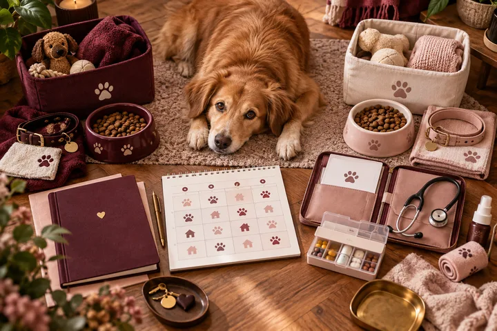 Burgundy-and-blush editorial still life of a calm dog between two neatly separated care kits, with food bowls, collars, a handoff calendar using simple icons, veterinary supplies, and medication organizer showing a practical shared pet-care plan.