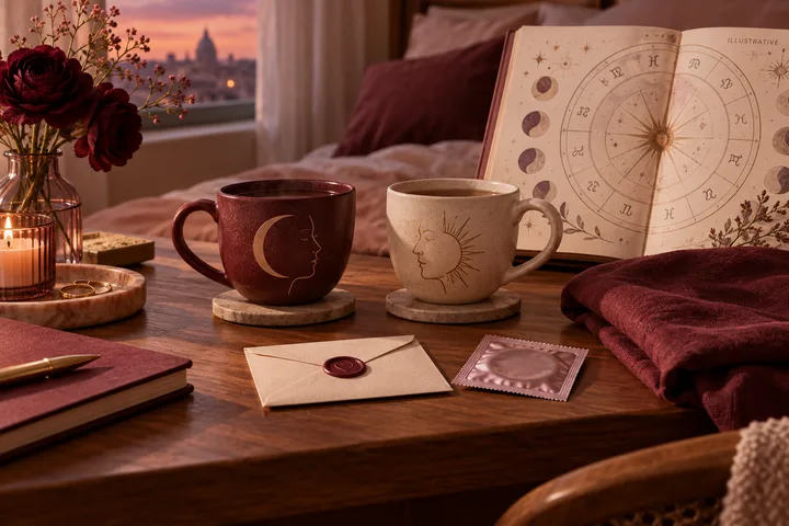 Burgundy and blush editorial still life with two balanced ceramic cups, a sealed envelope, a protective package, and an illustrative astrology chart representing shared sexual-health responsibility.