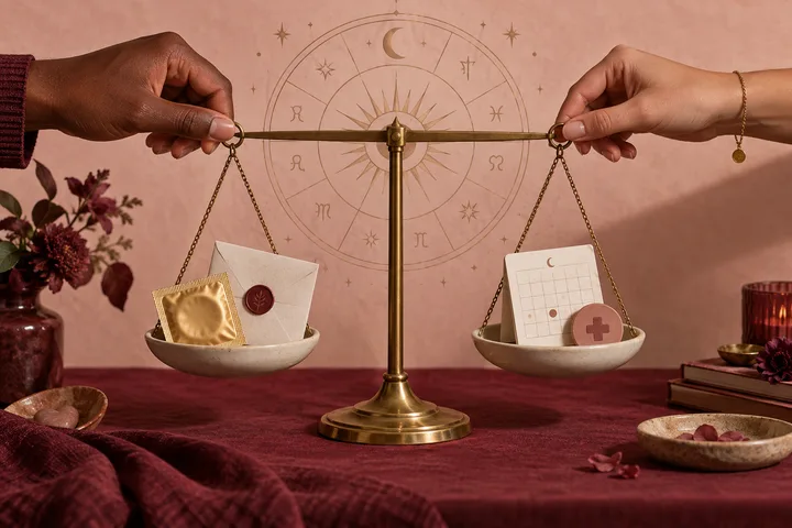 Two hands hold a balanced brass scale with sexual-health and appointment symbols against an illustrative astrology wheel, representing shared responsibility.
