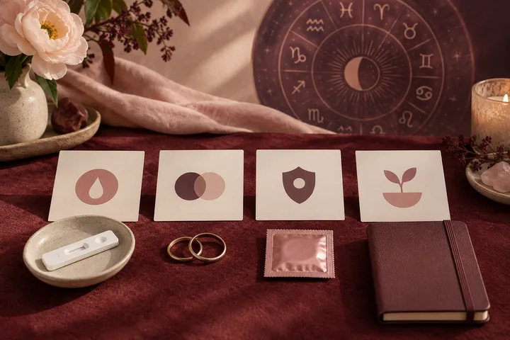 Four symbolic cards for testing, partners, protection, and pregnancy intentions arranged with a notebook, rings, and protective package on burgundy linen.