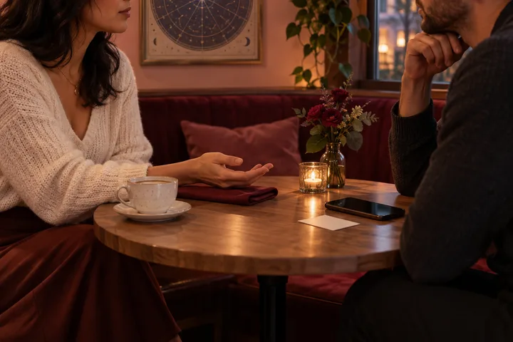 A couple in a warm burgundy café listens across a table, with an open hand, face-down phone, and illustrative astrology chart suggesting respectful conversation.
