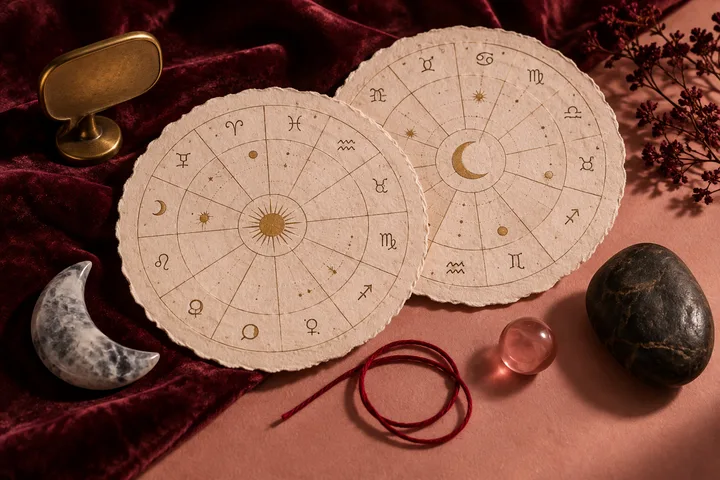 Two overlapping handmade astrology chart discs with symbolic speech, moon, desire, values, and responsibility objects on burgundy and blush fabric.