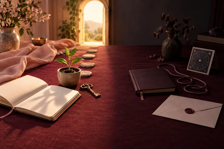 A burgundy tabletop splits into a warm path with an open notebook, key, and growing plant and a shadowed path with a closed notebook and loose cord, illustrating follow-through versus avoidance.