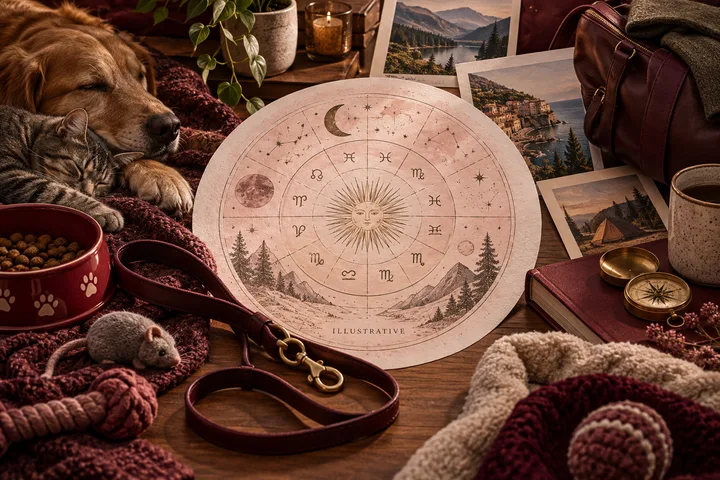 Burgundy and blush still life with a dog leash, travel calendar, and illustrative astrological wheel