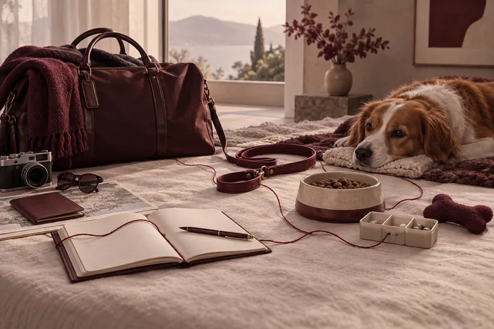Dog beside a travel bag, leash, food bowl, open notebook, and pill organizer on a bed