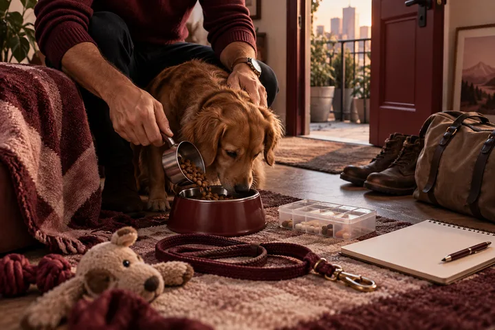 Man feeding a dog beside a food bowl, pill organizer, leash, and open notebook