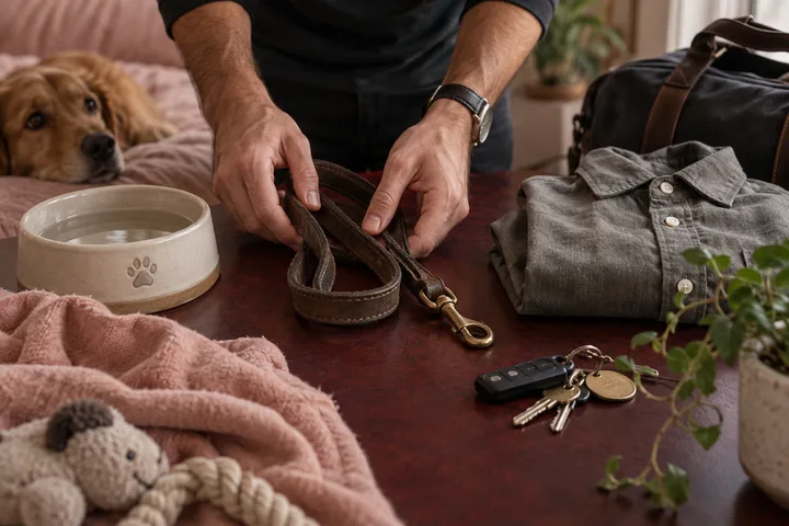 Man arranging a dog leash beside a water bowl, folded clothes, keys, and a travel bag while a dog watches