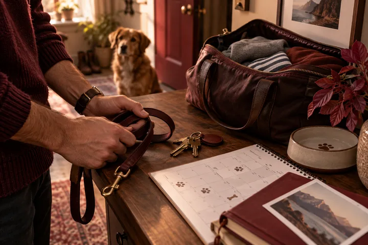 Man preparing a dog leash beside an open travel bag, keys, paw-marked calendar, and a dog