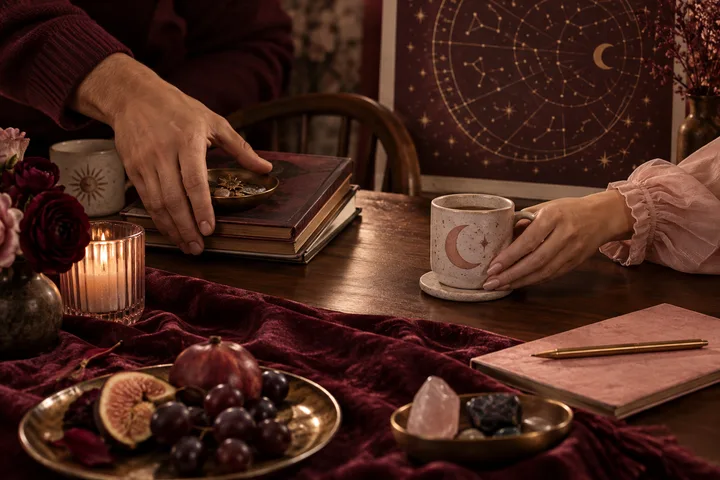 A woman's hand holds a floral teacup while a man's open hand rests beside an illustrative zodiac wheel on a burgundy table.