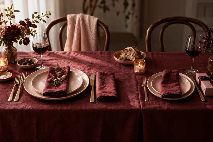 A woman's hand sets a blush mug on a saucer beside a dark mug on a burgundy table, with fruit and flowers nearby.