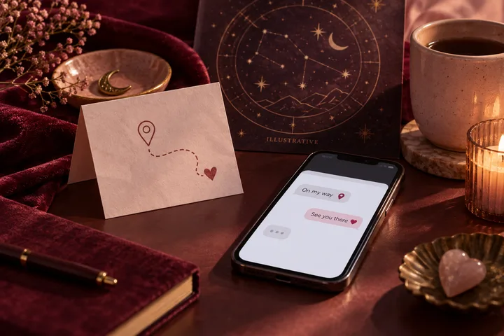 Burgundy still life with a location-and-heart card, a phone showing short messages, an illustrative star chart, a candle, a cup, and a notebook.