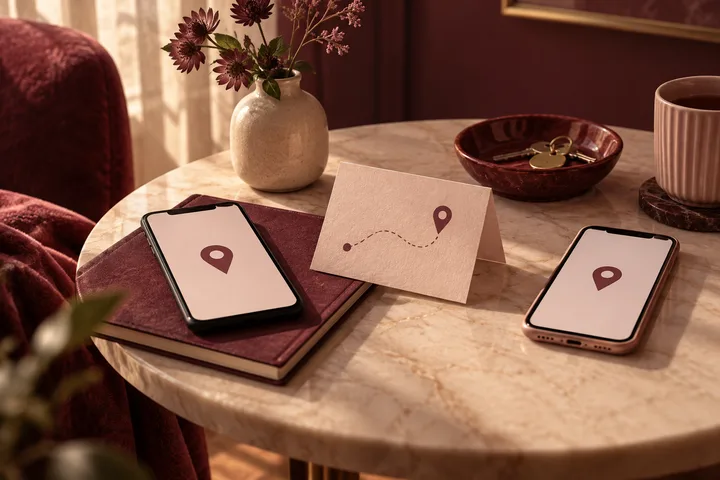 Marble table with two phones displaying location pins, a card showing a dotted route and pin, flowers, keys, a cup, and a notebook.