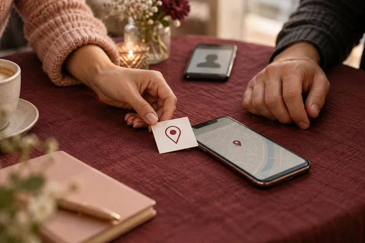 Two sets of hands beside a phone displaying a map, with one hand holding a location-pin card; another phone, a candle, flowers, a cup, and a notebook are nearby.