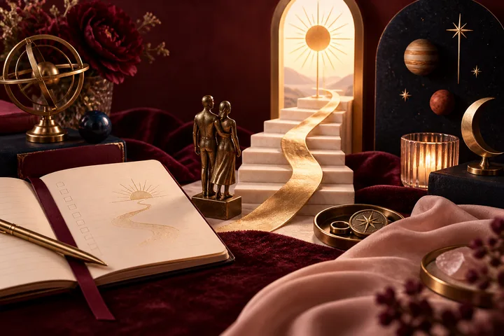 Burgundy and blush editorial still life with a couple figurine beside a luminous staircase leading toward a sunlit celestial doorway, symbolizing ambition and supportive partnership.
