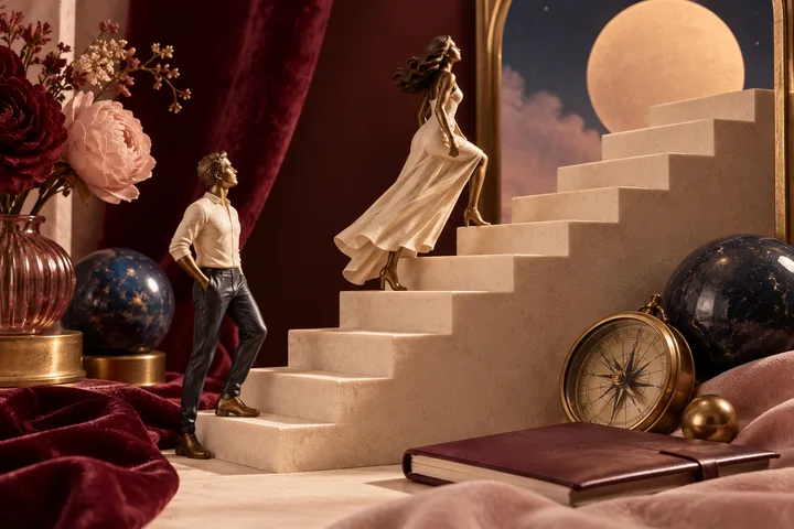 A woman figurine climbs a cream staircase toward a bright moonlit opening while a man stands supportively below in a burgundy and blush editorial scene.