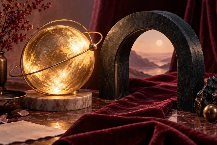 A luminous gold orb and a dark stone arch frame an open landscape across burgundy velvet, symbolizing expansion balanced by structure.