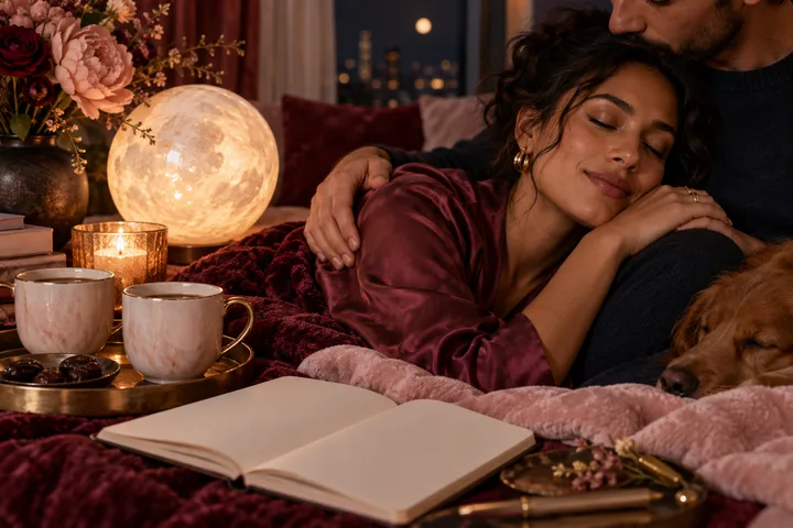 A couple rests together under burgundy and blush blankets beside candlelight, tea, flowers, and a blank notebook, conveying emotional safety after demanding work.