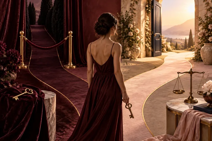 A woman holding a key faces a bright open path and a darker velvet-bound route, with a balance scale nearby, symbolizing agency and honest negotiation.