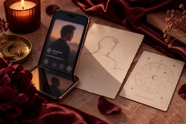 A burgundy phone beside an illustrative star chart and a mirror, showing the distance between a dating profile and real life.