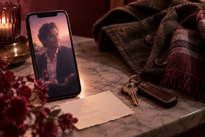 A phone displays a smiling man’s dating profile beside keys, a folded coat, and a blank note on a stone table.