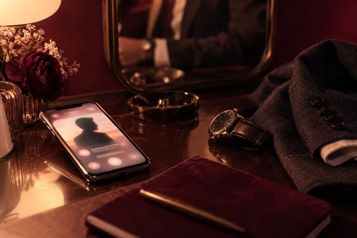 A shadowed dating profile appears on a phone beside a small mirror, closed notebook, and wristwatch on a dark table.