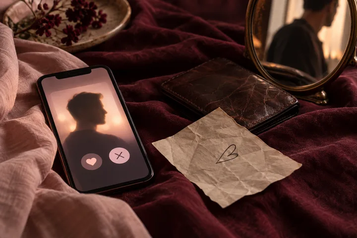 A phone with heart and close buttons sits beside a mirror reflecting a man’s silhouette, a leather notebook, and a handwritten heart.