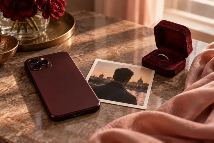 A face-down phone, a photograph of a man from behind, and an open burgundy ring box sit on a sunlit stone table.
