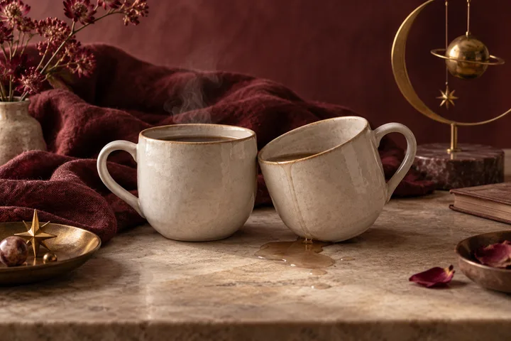 Two cream-colored cups sit on a stone table, one tipped over with liquid spilled beneath it. Burgundy fabric, flowers, a small gold star ornament, and a brass mobile decorate the scene.