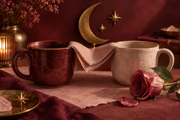 Two ceramic cups sit beside a rose and folded cloth beneath a crescent moon and stars.