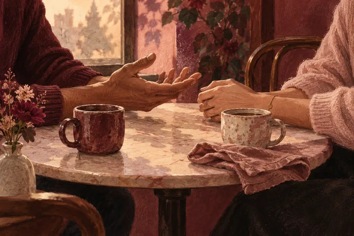 Two people sit across a table with cups, one gesturing with an open hand while the other listens with hands clasped.