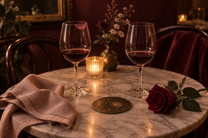Two glasses of red wine, a lit candle, a red rose, a folded blush napkin, and a round starburst-patterned coaster sit on a marble table.